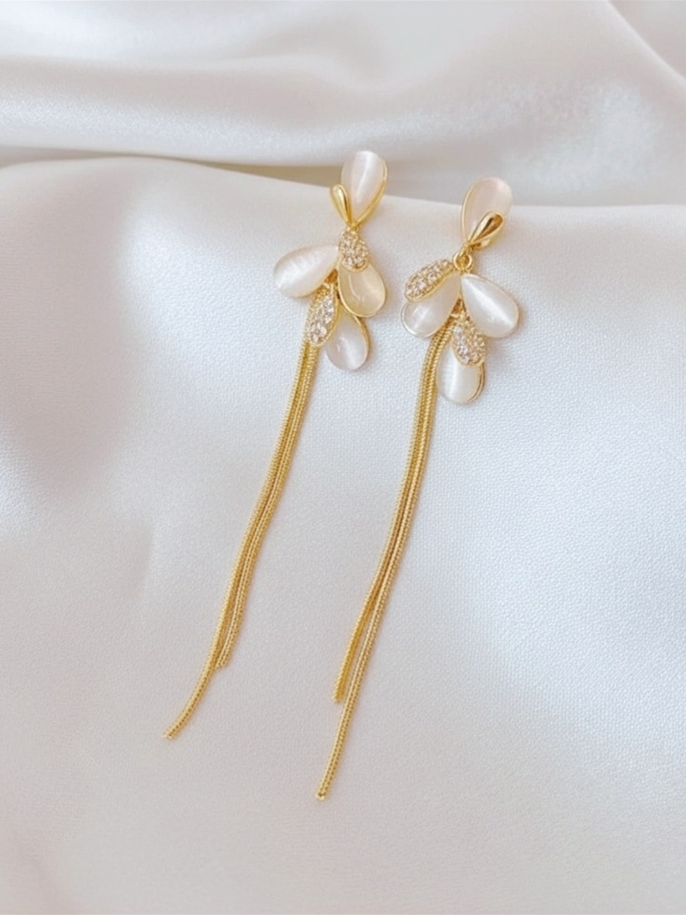 Gold & Opal Drop Tassel Earrings - Elegant Women Jewelry